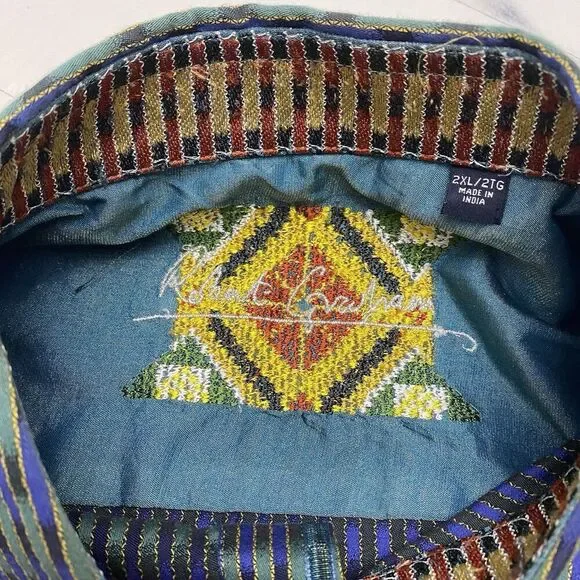 Robert Graham Men's 2XL Flip Cuff Blue Green Striped Geometric Dress Shirt - Picture 5 of 13